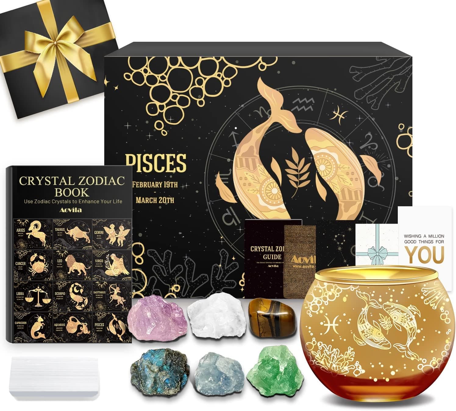 Caja de regalo negra y dorada de Piscis con un portavelas dorado con los peces del signo, seis piedras naturales en bruto y un libro guía de cristales del zodiaco