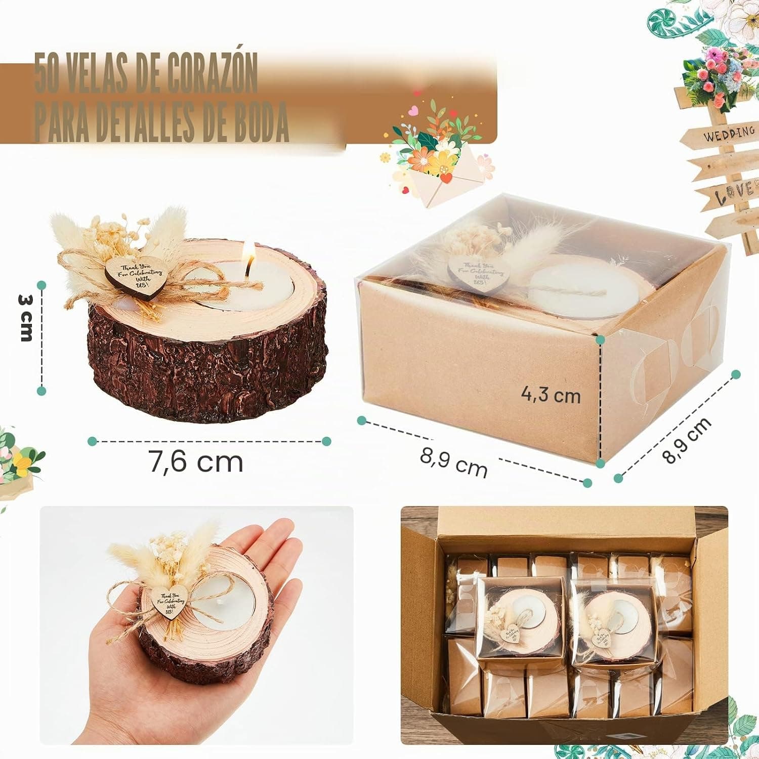 Pack de 50 Portavelas de Tronco con Flores Secas para Boda, foto 2