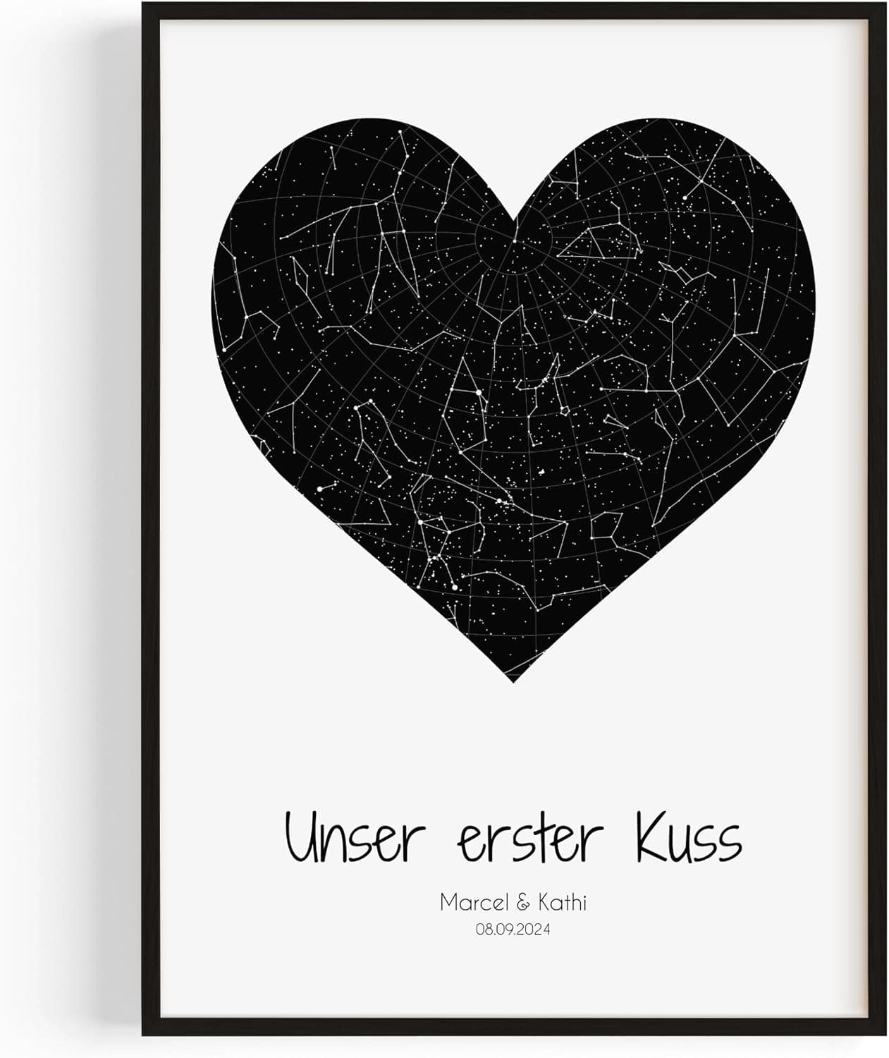Póster con el mapa de estrellas de una fecha concreta, impreso en forma de corazón