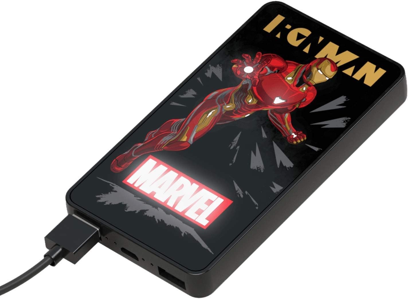 Batería externa roja y dorada con el diseño de Iron Man y luz LED integrada