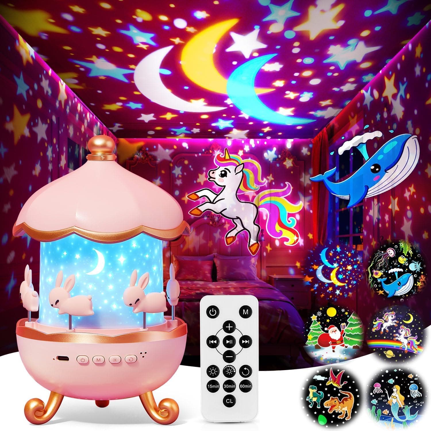 Proyector con forma de carrusel proyectando estrellas y un unicornio en la habitación