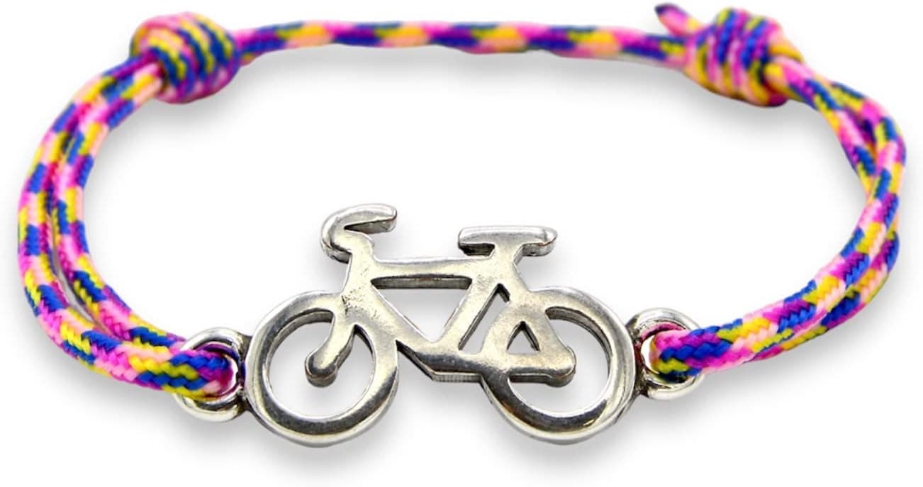 Pulsera con dije metálico de bicicleta y cordón trenzado de colores