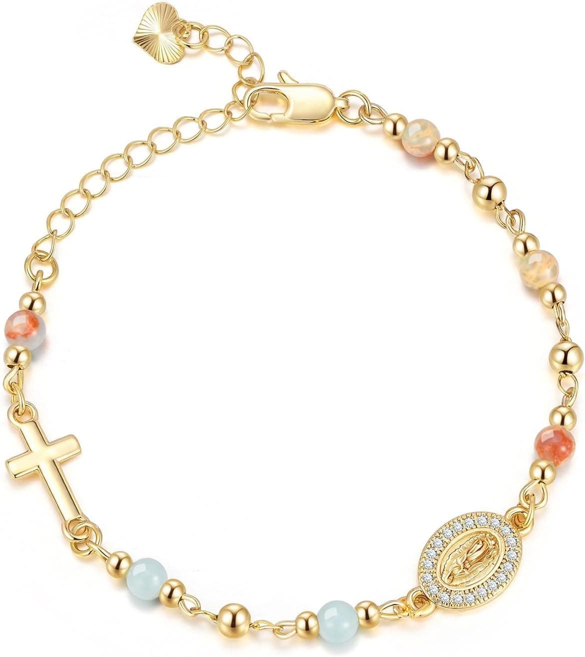 Pulsera de piedras naturales con cruz dorada y medalla de la Virgen María