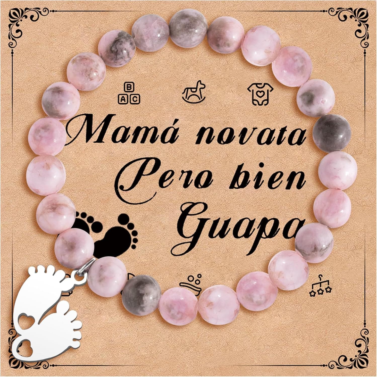 Pulsera de piedra natural con cierre de acero inoxidable, junto a la tarjeta «mamá novata, pero bien guapa»