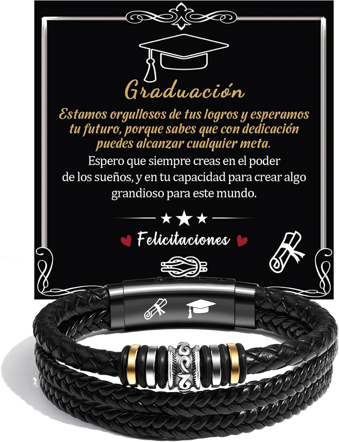 Pulsera de cuero trenzado con charm de brújula, sobre fondo neutro