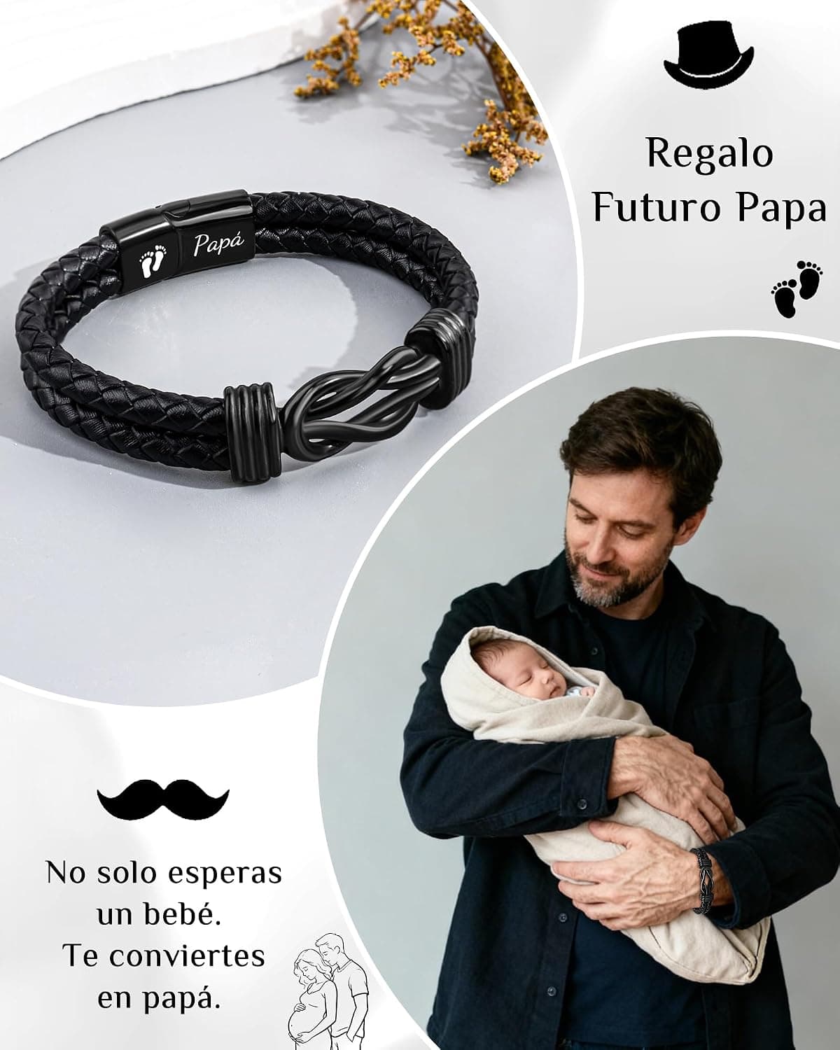 La pulsera puesta en la muñeca de un hombre que sostiene a un bebé recién nacido