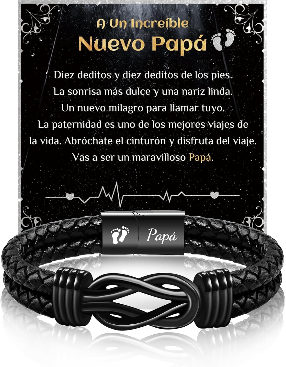 Tarjeta "A un increíble nuevo papá" junto a la pulsera de cuero trenzado con nudo infinito y charm grabado