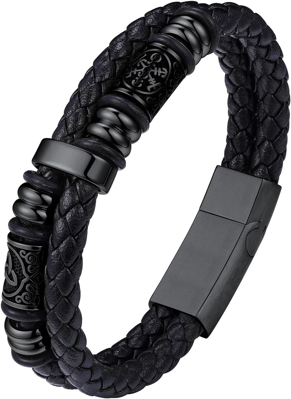 Pulsera de cuero vikinga con colgante de brújula