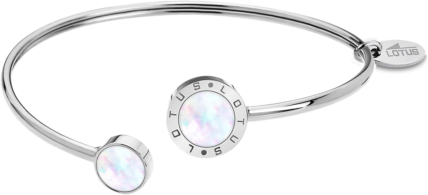 Pulsera abierta de acero inoxidable Lotus con dos círculos de nácar y el colgante de la marca