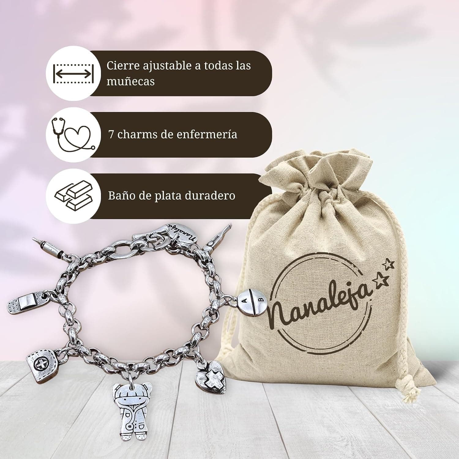 Pulsera de enfermera con 7 charms bañada en plata, foto 2