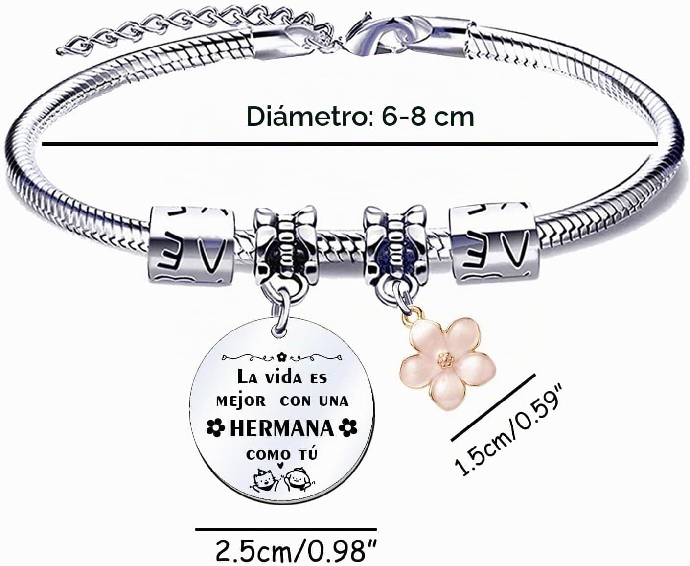 Pulsera fina con colgante y mensaje dedicado a hermana mayor, presentada en su caja de regalo