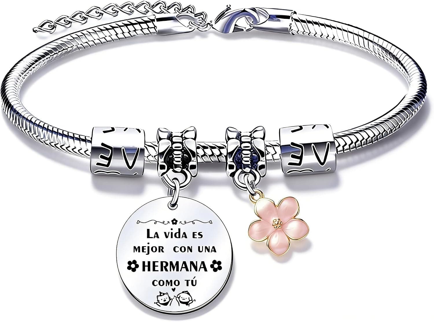 Pulsera fina con colgante y mensaje dedicado a hermana mayor, presentada en su caja de regalo