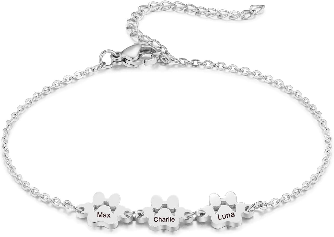 Pulsera de mujer con colgante de huella de pata grabada y nombres