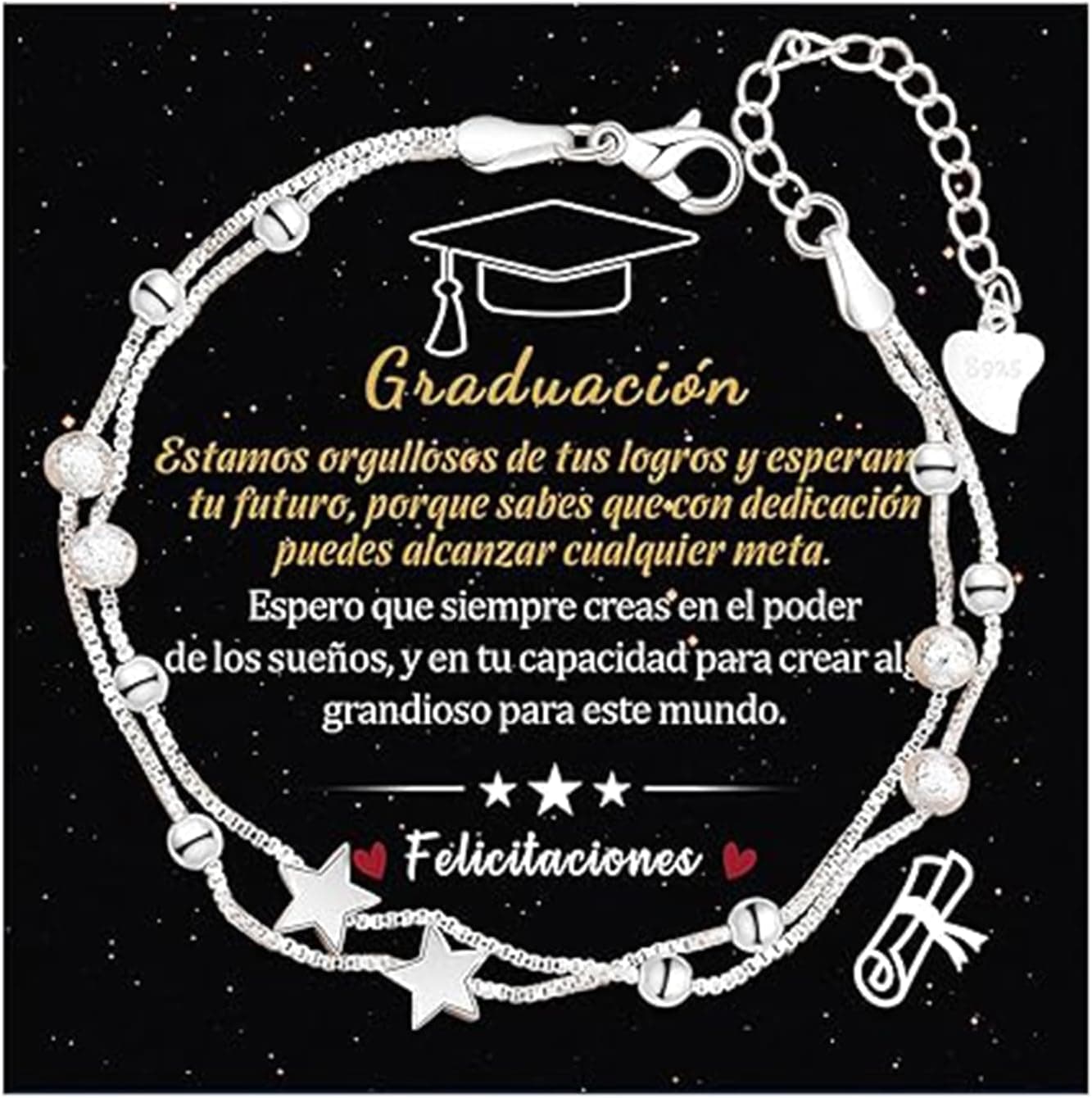 Pulsera de cadena doble bañada en plata con charm de estrella, para graduación