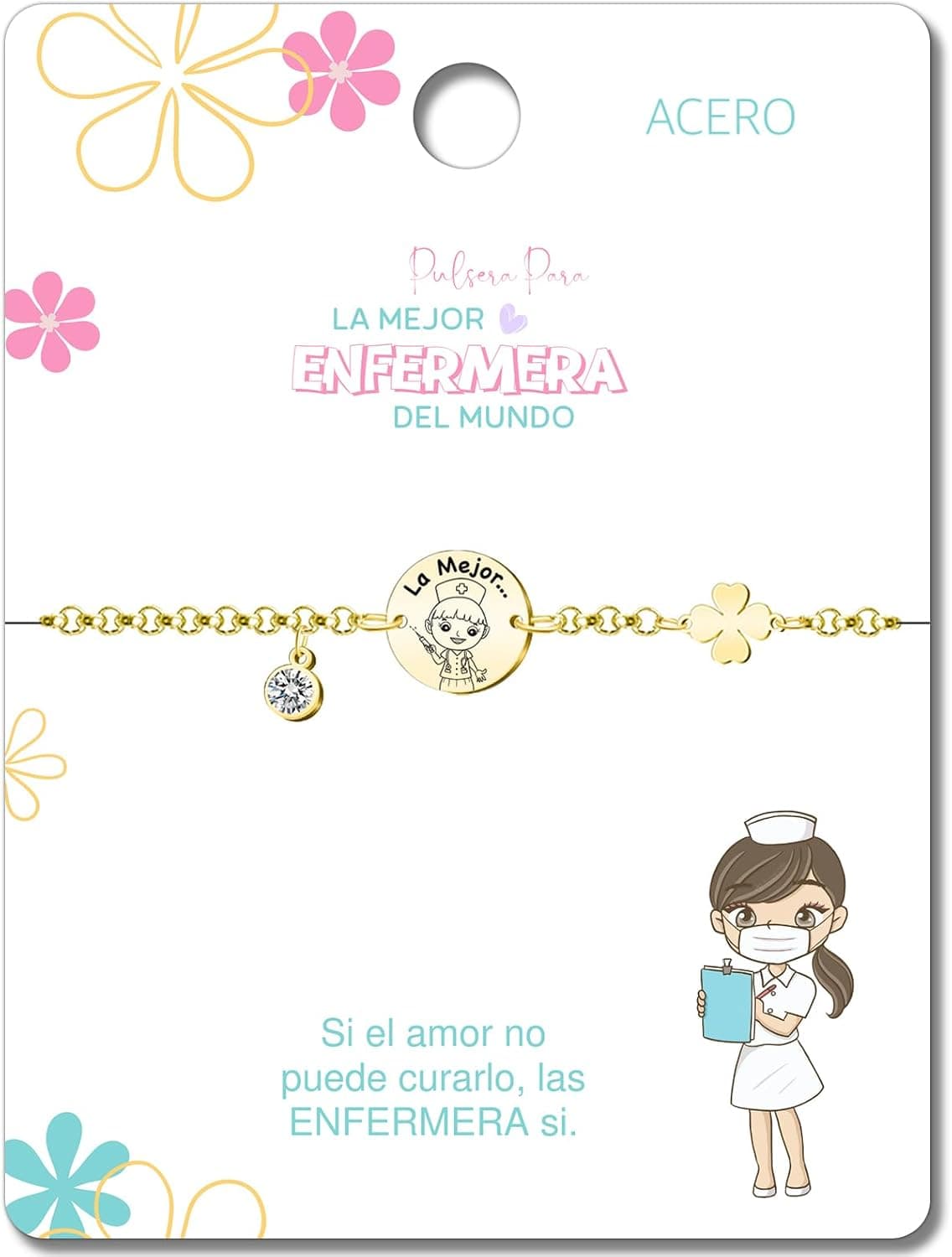 Pulsera de acero inoxidable con trébol de cuatro hojas y circonita