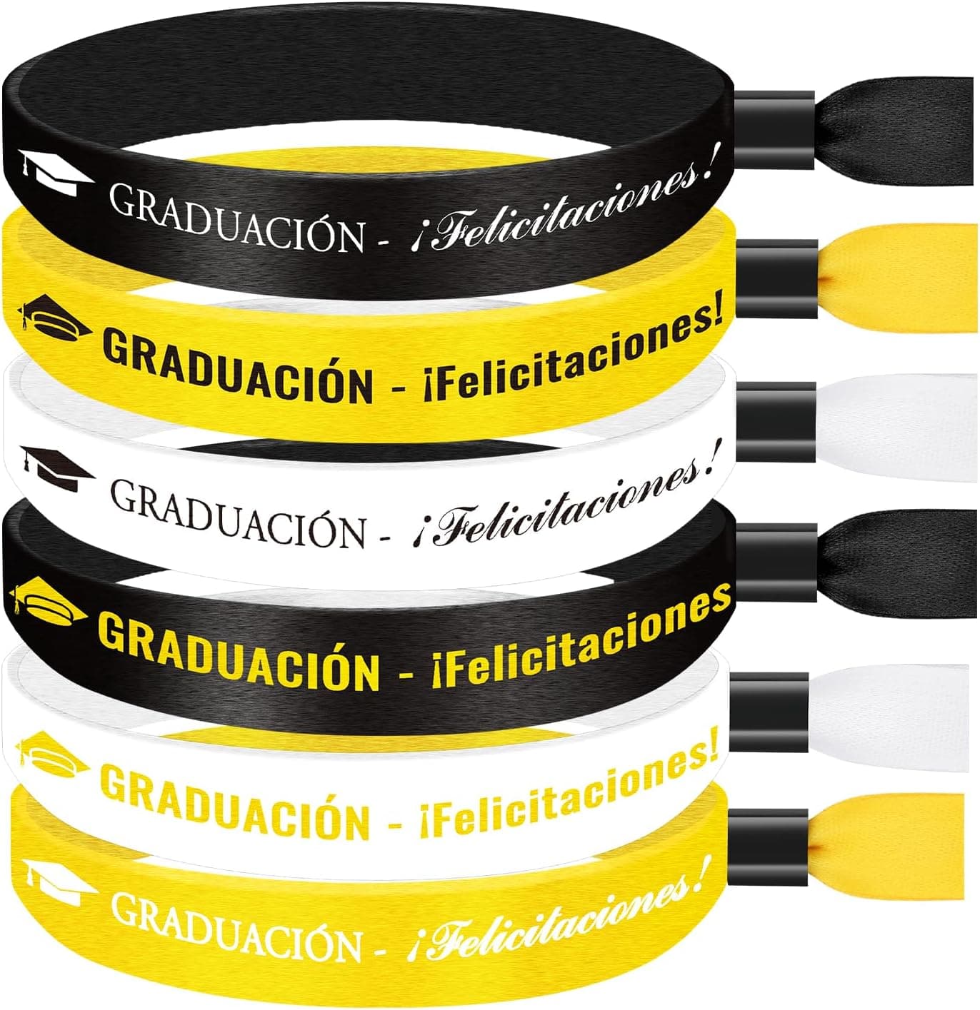 Pulseras de tela en negro, dorado y blanco con un birrete estampado y el mensaje "Graduación, ¡Felicitaciones!"