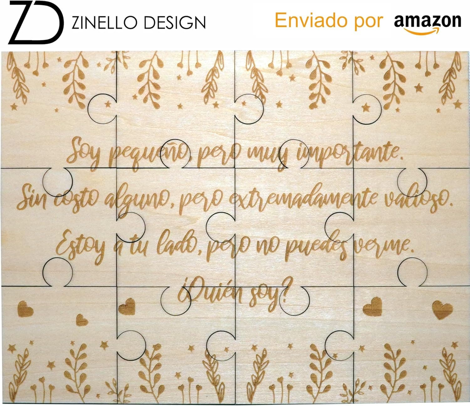 El puzle montado sobre la mesa, con el acertijo grabado y las líneas de las doce piezas a la vista