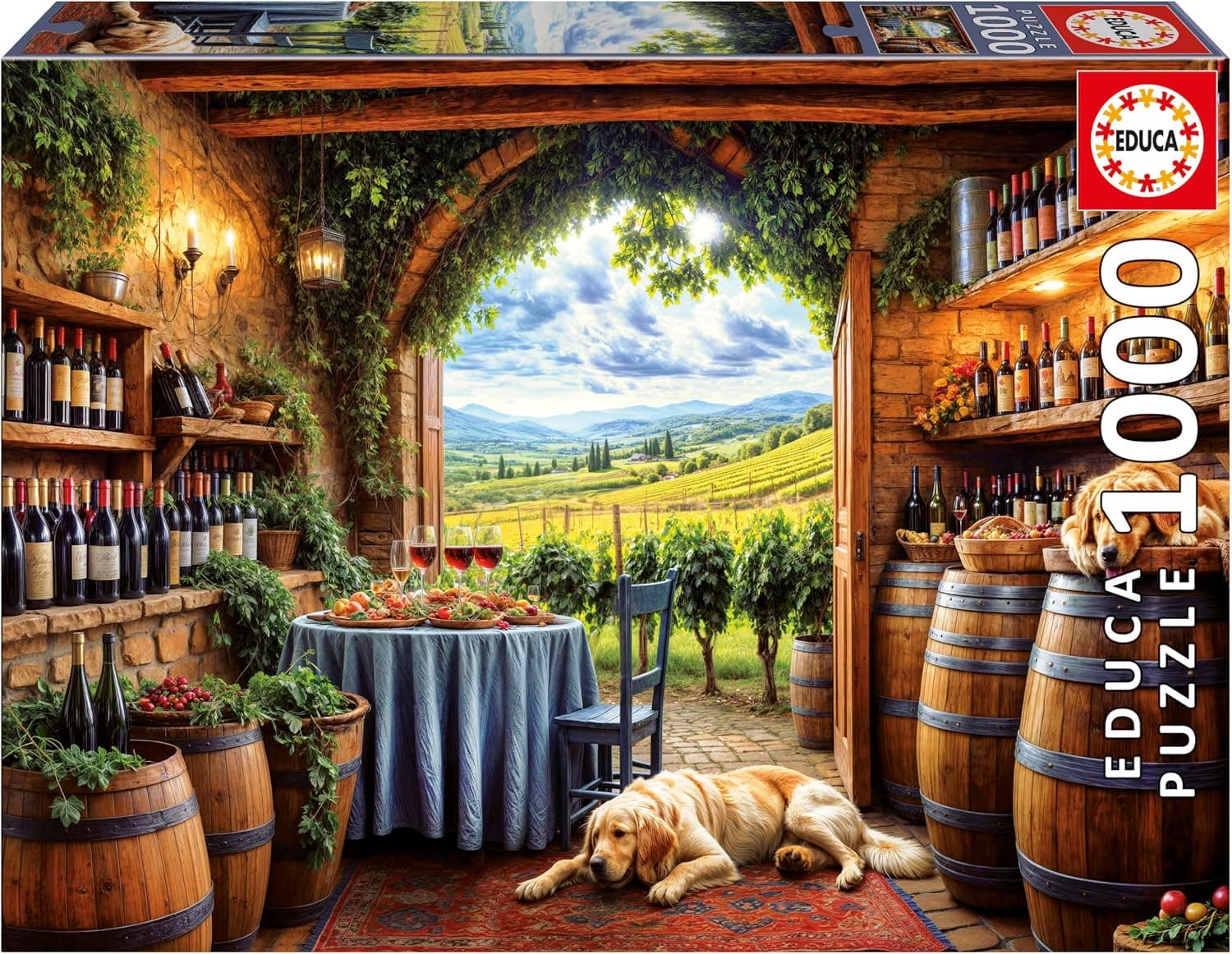 La caja del puzzle de Educa con la ilustración «Canes et Vinum», perros y copas de vino