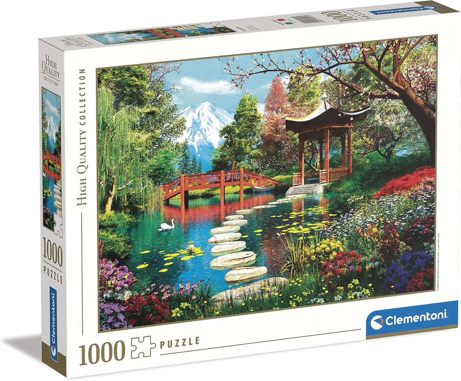 Caja del puzzle Fuji Garden de Clementoni con la imagen del monte Fuji tras un jardín japonés en flor