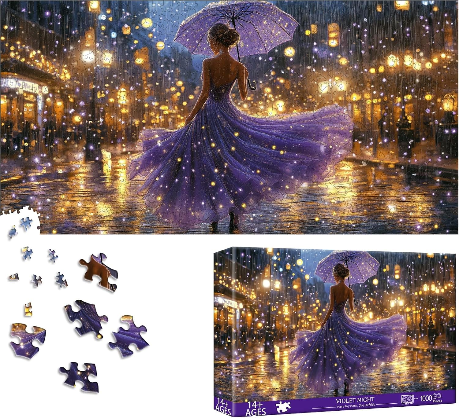 La caja del puzzle de Bimkole con la ilustración en tonos violeta, mil piezas