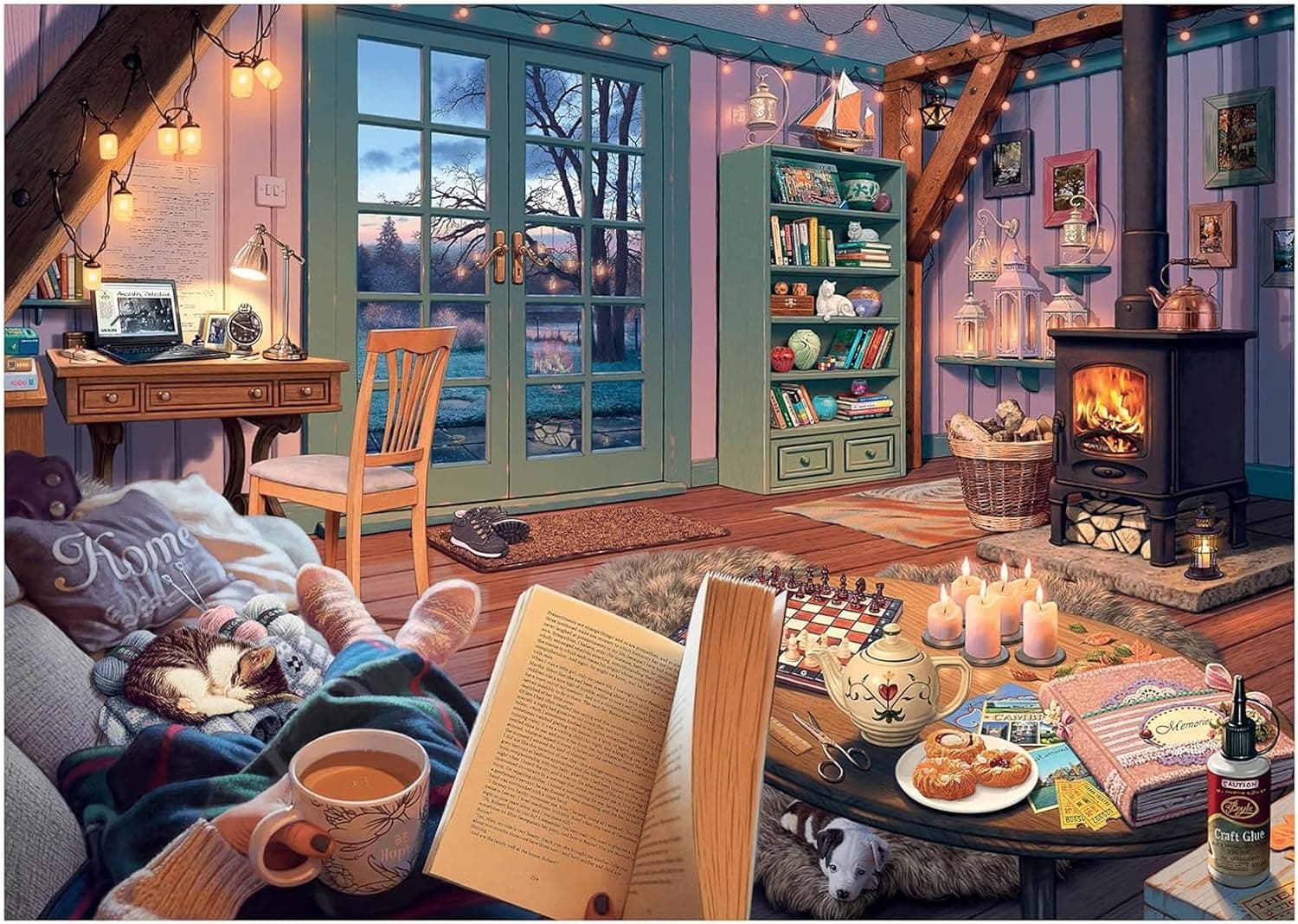 Ilustración de un salón acogedor con chimenea encendida, estantería de libros, velas, un gatito dormido y un libro abierto en primer plano