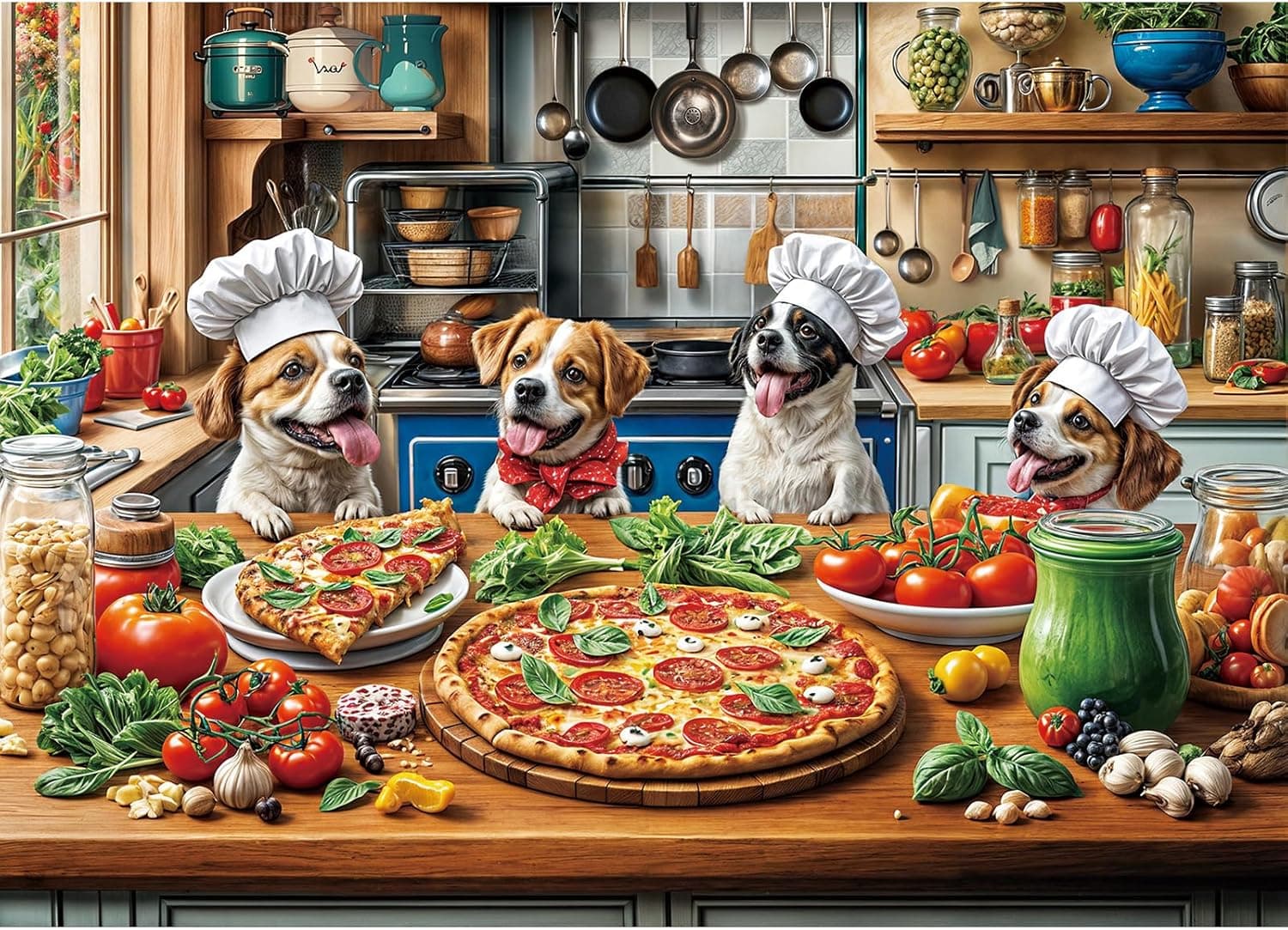 Ilustración de cuatro perros con gorro de chef alrededor de una mesa de cocina, con una pizza recién hecha y tomates, albahaca y ajo a su alrededor