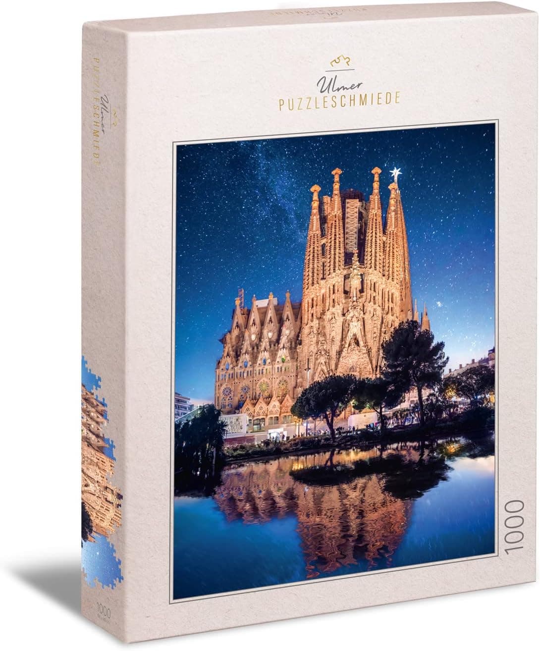 La caja del puzzle con la fotografía nocturna de la Sagrada Familia de Barcelona