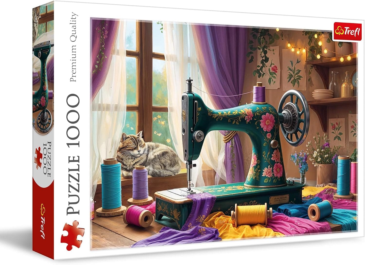 La caja del puzzle de Trefl con la escena del taller de costura, mil piezas