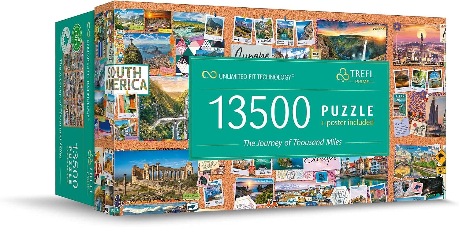 La caja del puzzle Trefl Prime de trece mil quinientas piezas con los monumentos más famosos del mundo
