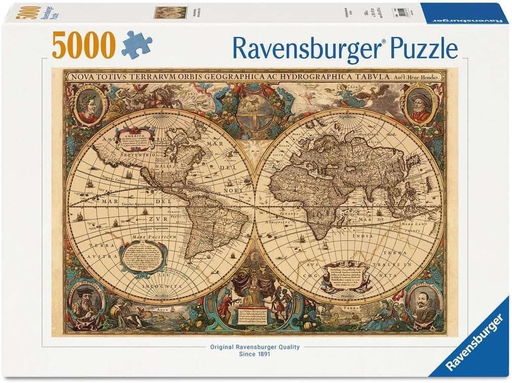 Caja del puzzle Ravensburger de 5000 piezas con la imagen de un mapamundi de estilo antiguo