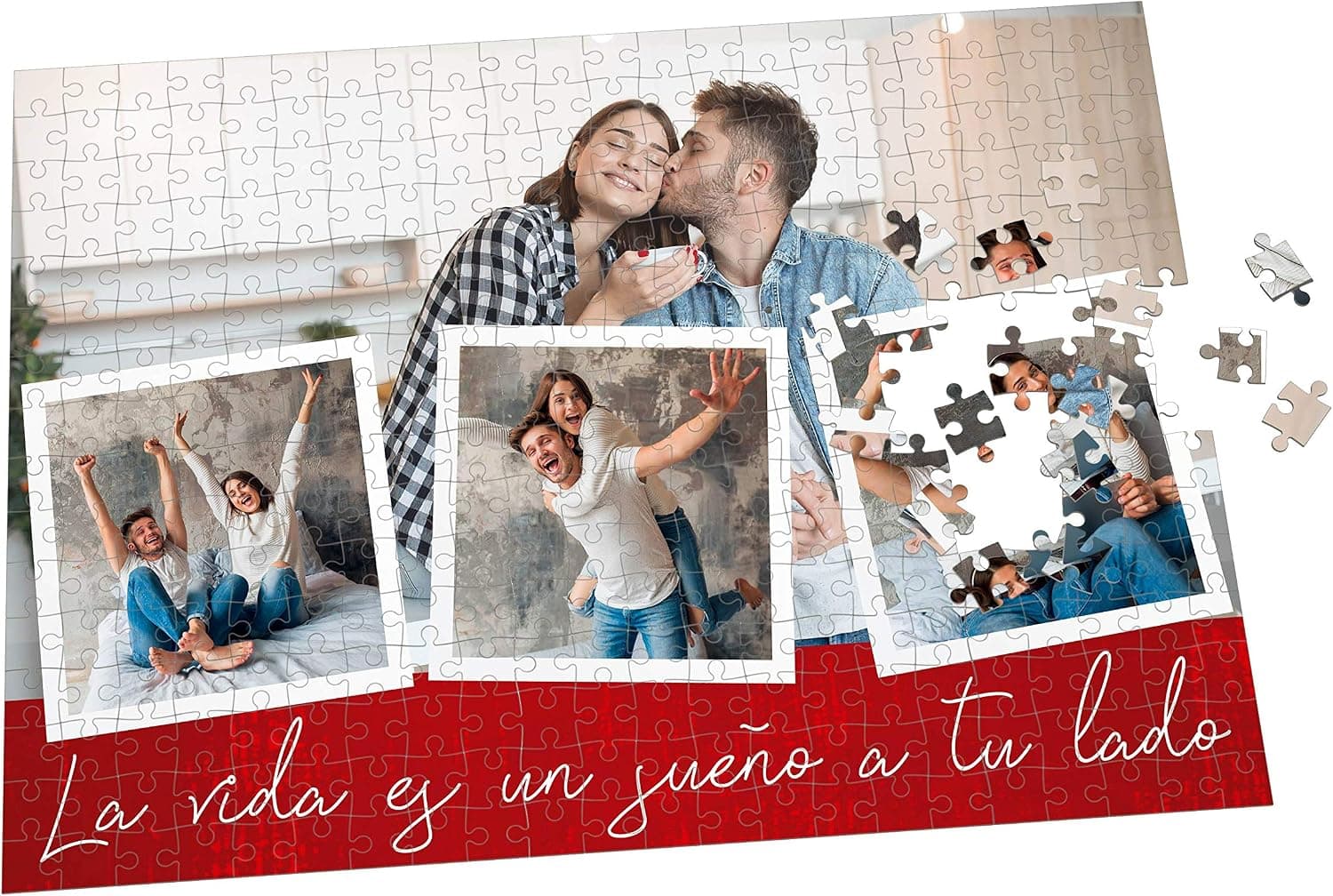 Puzzle personalizado con un collage de varias fotografías y una frase, junto a su caja