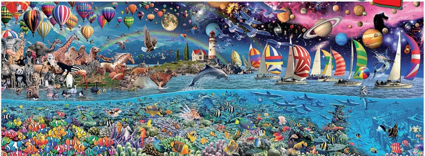 Ilustración del puzzle con animales, globos aerostáticos, veleros y un arrecife de coral bajo el agua