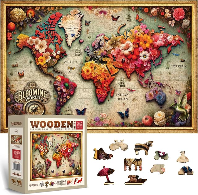 Puzzle de madera con mapamundi florido