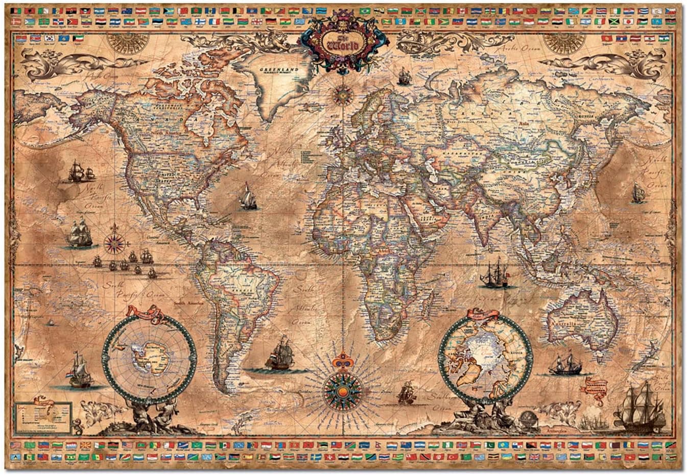 Detalle del mapa con las rosas de los vientos, los veleros y los círculos polares