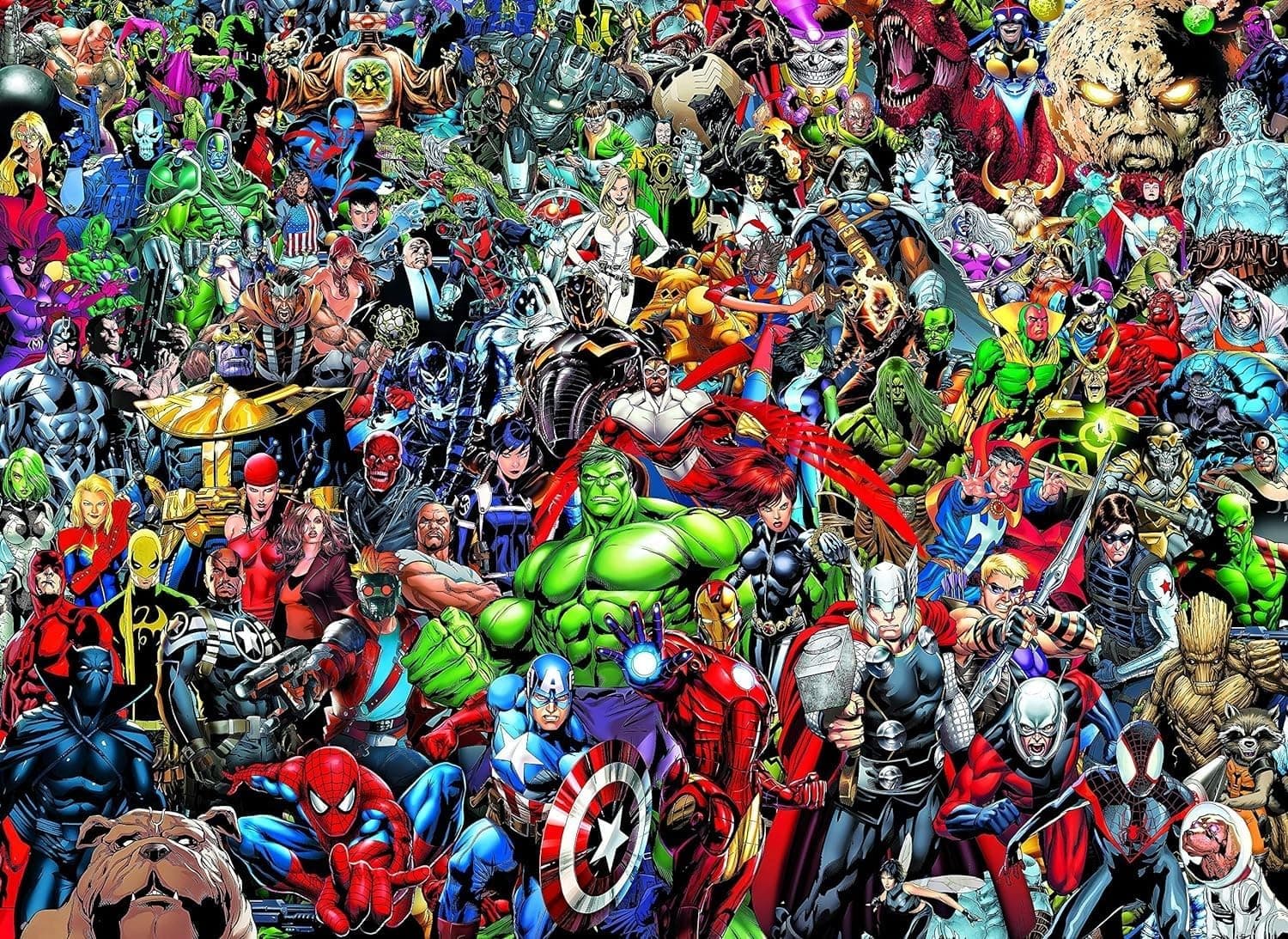 La ilustración del puzzle: cientos de superhéroes y villanos de Marvel apiñados, con Hulk, Spiderman y el Capitán América en primer plano