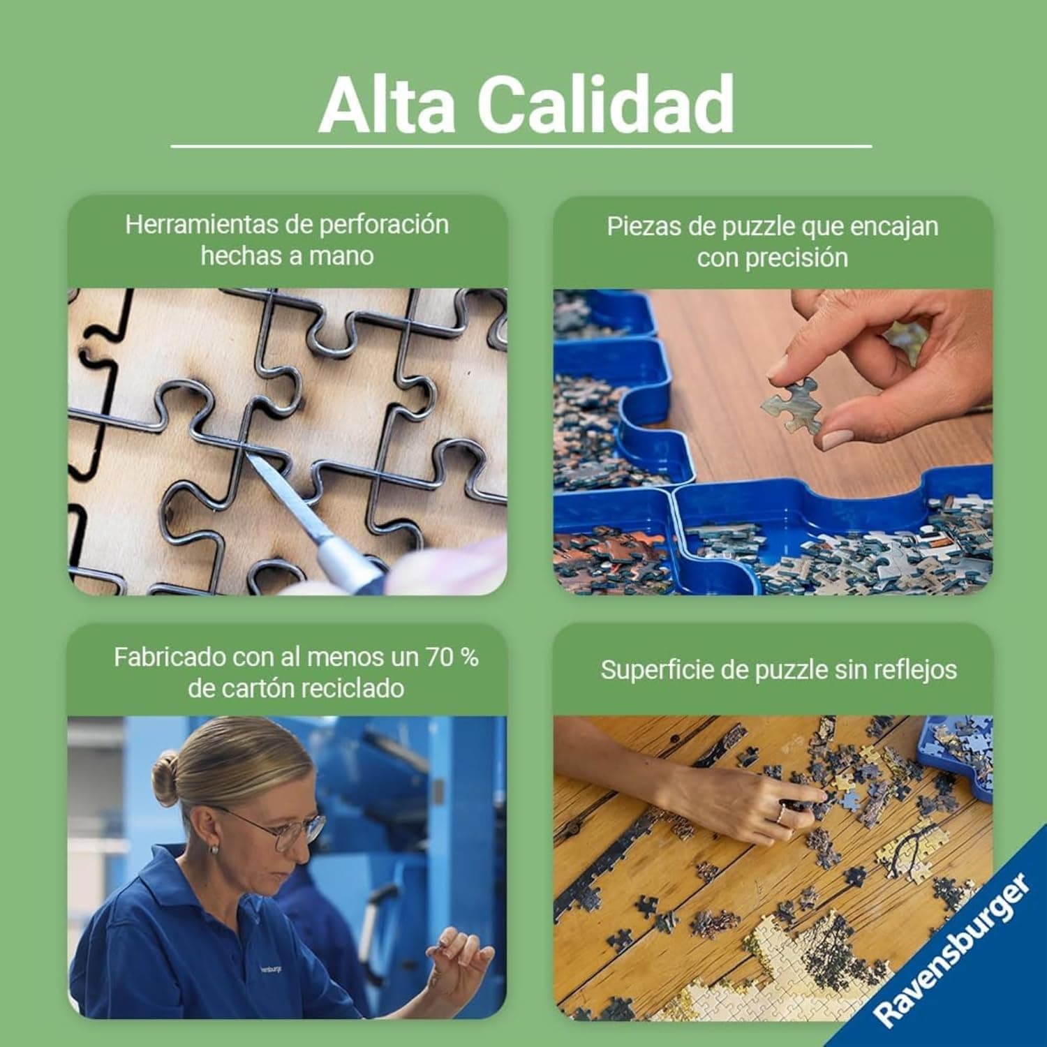 Infografía de Ravensburger sobre el troquelado a mano y el cartón reciclado de sus puzzles
