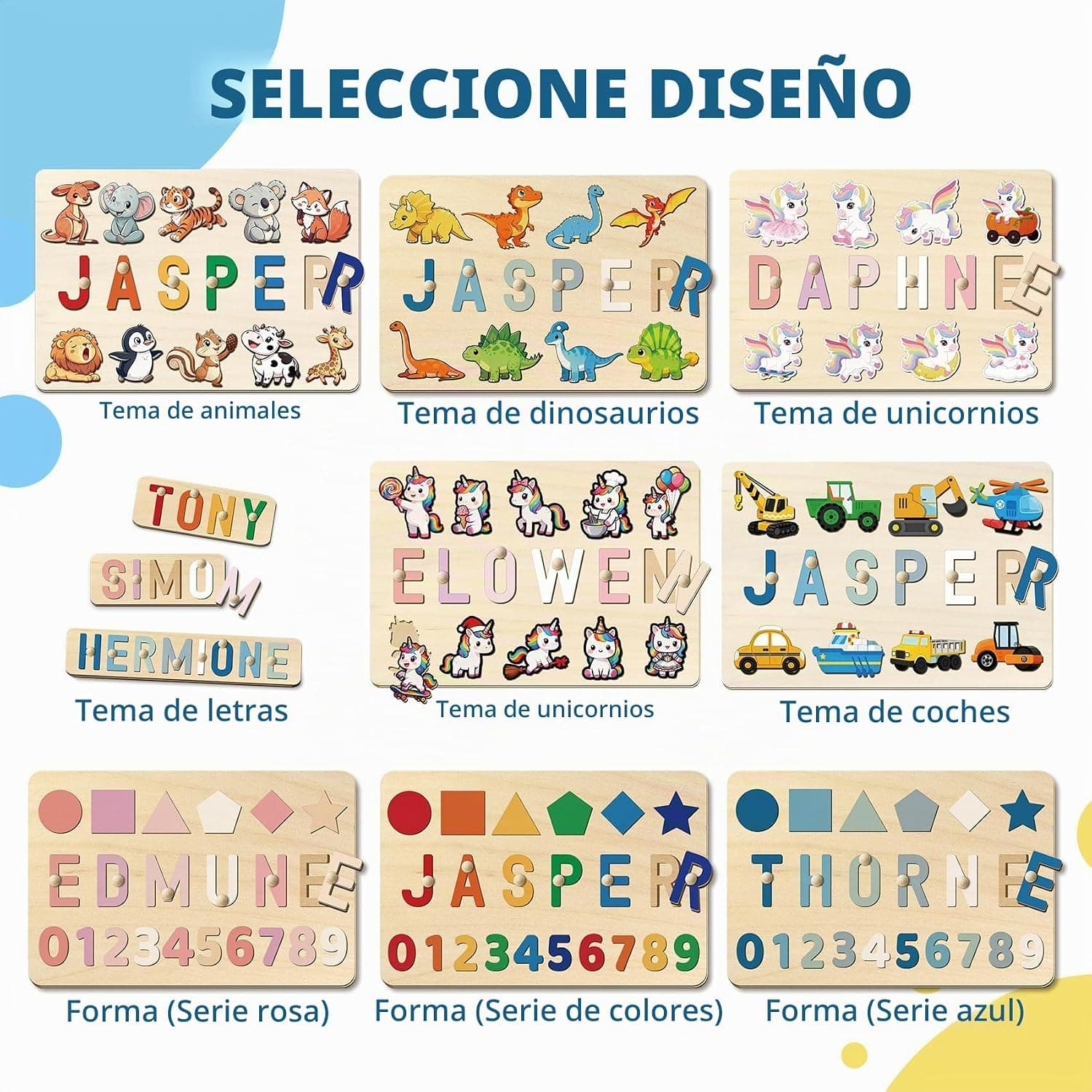 Las piezas del puzzle separadas, mostrando las letras del nombre
