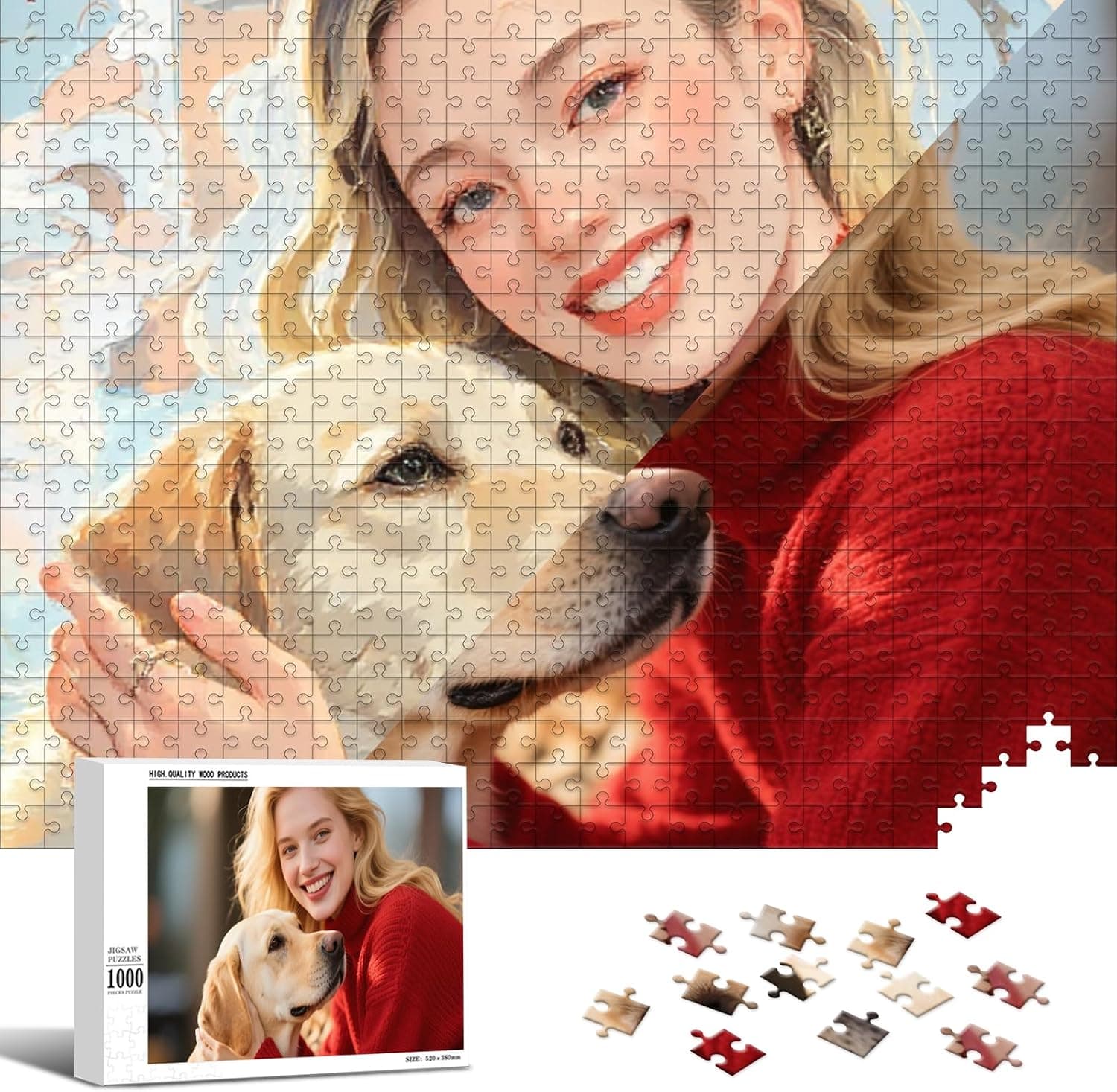 Un puzzle personalizado de madera con una foto transformada en estilo artístico, listo para montar