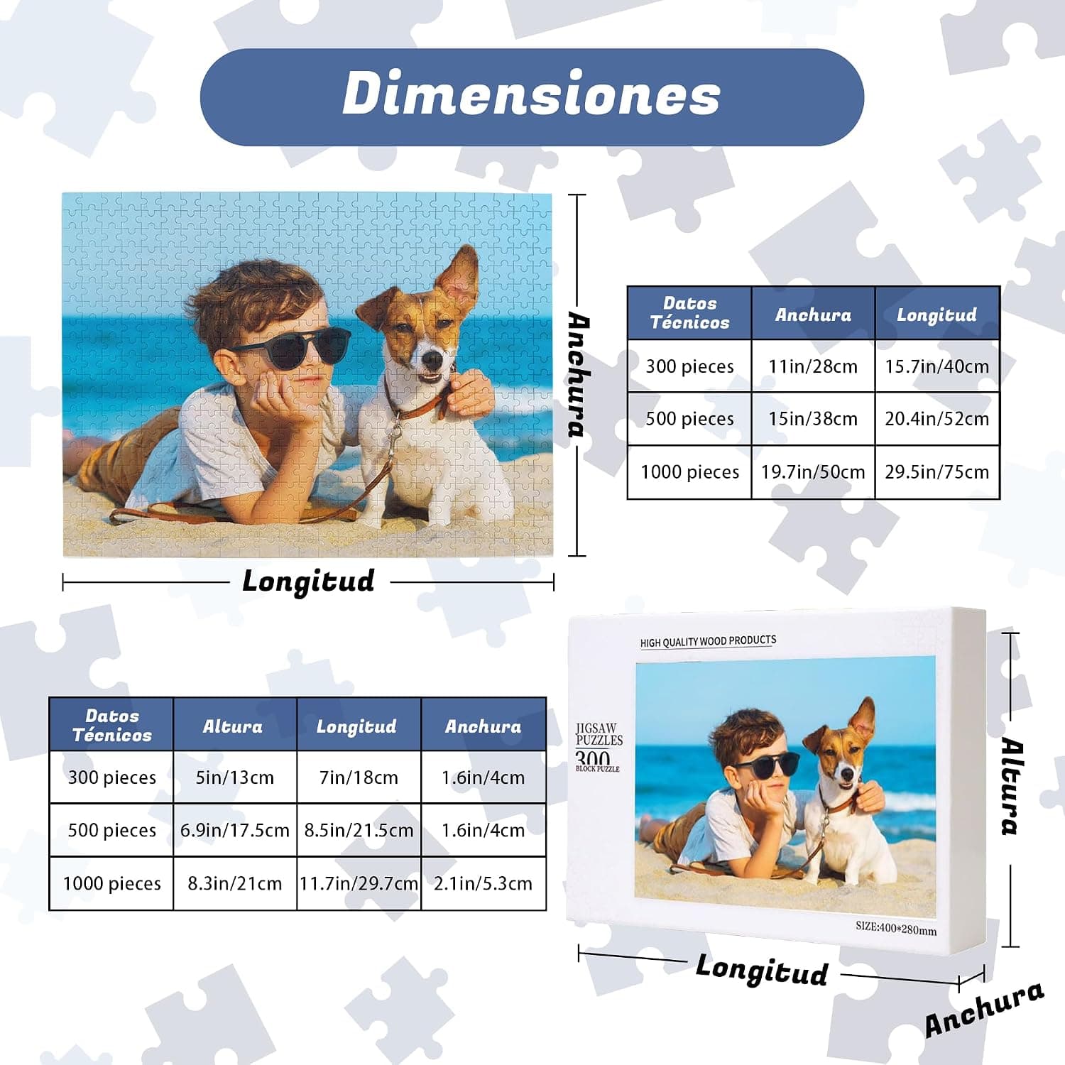 Piezas del puzzle sueltas sobre una superficie, mostrando el corte de madera