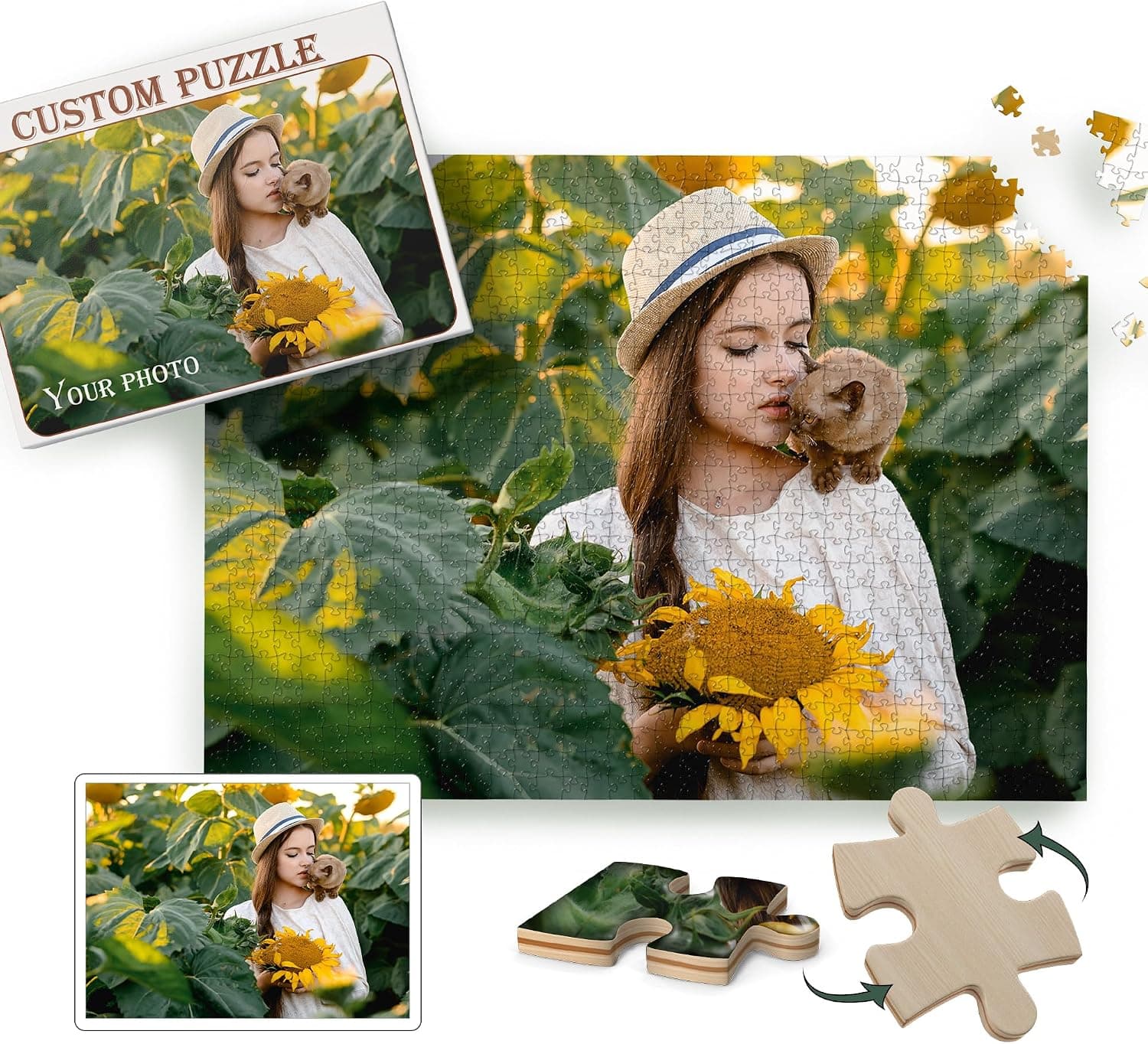 Puzzle personalizado con la foto de una chica con un gatito en el hombro entre girasoles, junto a la caja "custom puzzle" y una pieza de madera vista por detrás