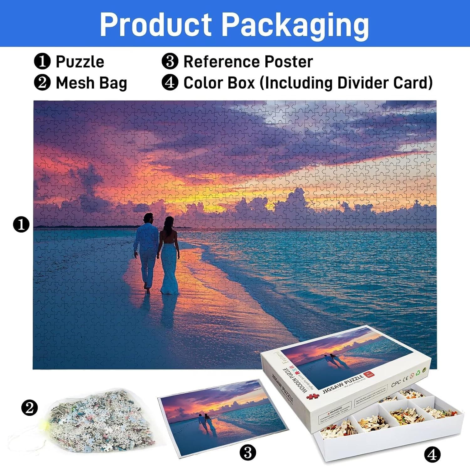 Caja del puzzle personalizado junto al póster de referencia incluido