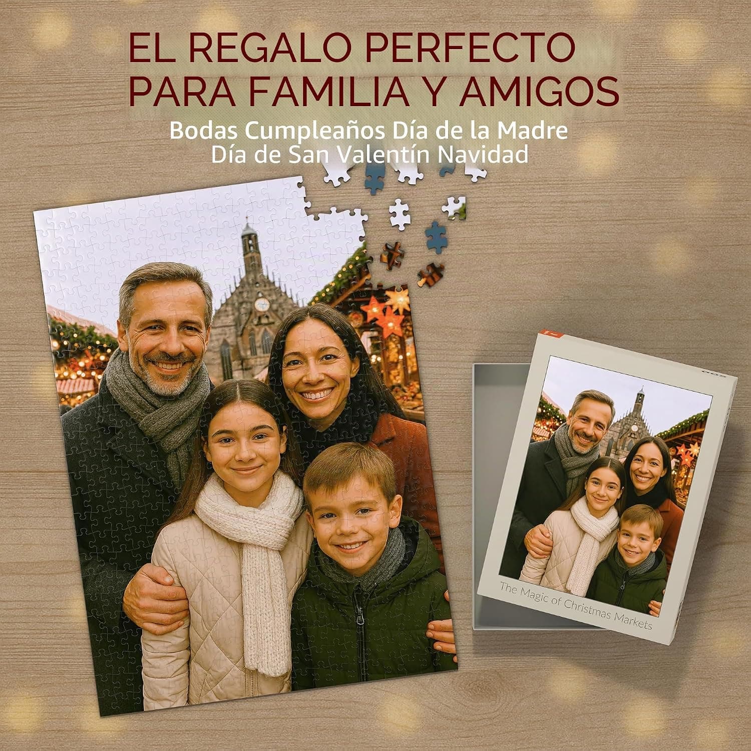 Puzzle con foto de familia junto a su caja impresa con la misma imagen