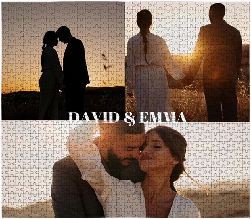 Puzzle personalizado con tres fotos de una pareja de novios al atardecer y el texto "David & Emma" en el centro del diseño