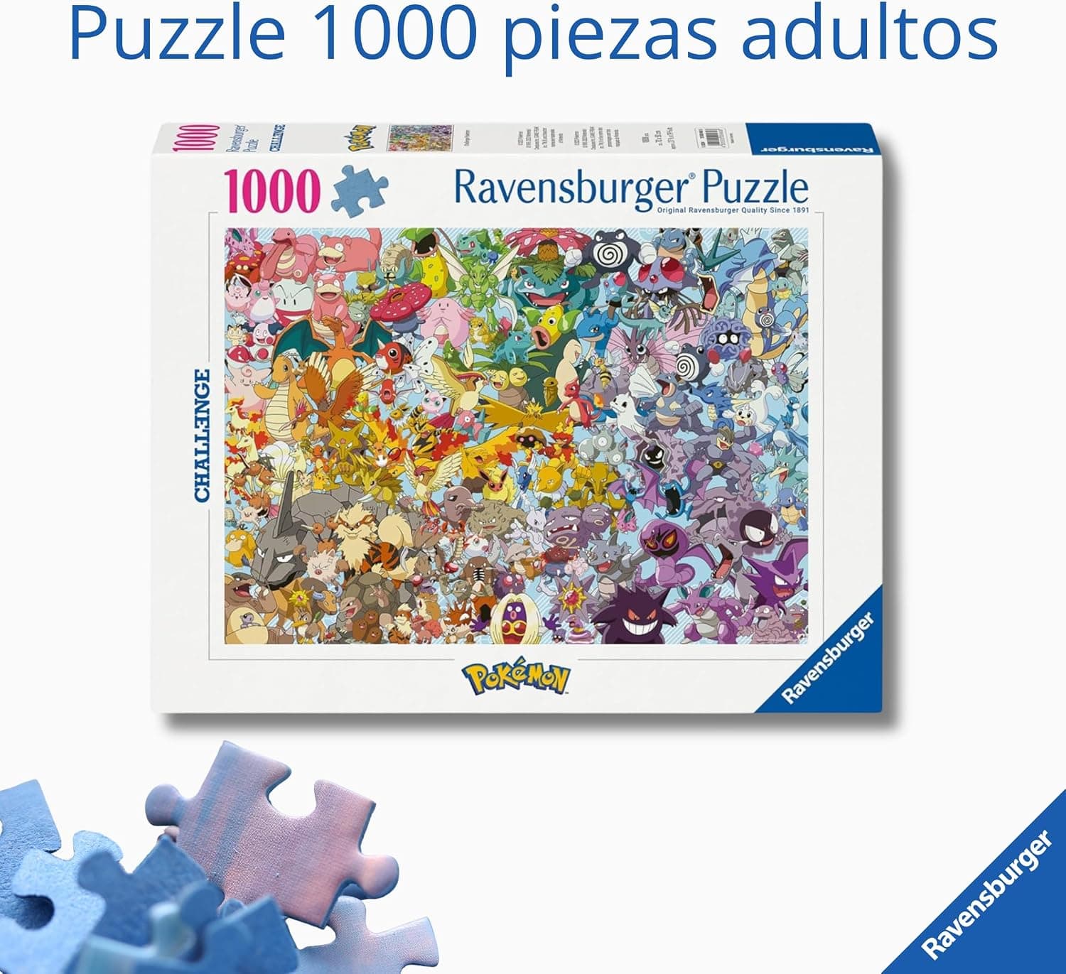 Caja del puzzle Pokémon Challenge de Ravensburger junto a piezas sueltas