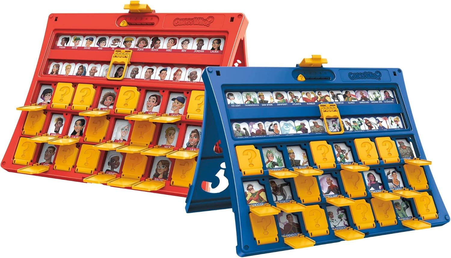 Tablero abatible de ¿Quién es Quién? abierto mostrando las fichas de personajes