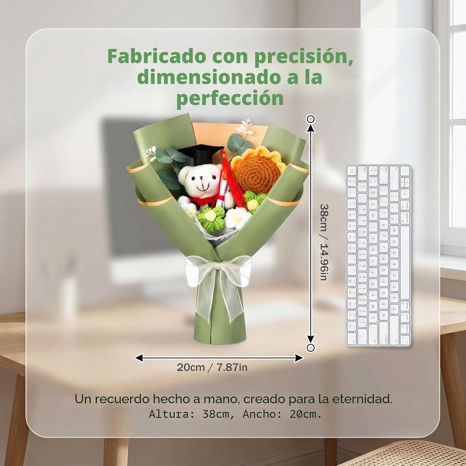 El mismo ramo dentro de su bolsa de regalo, con la tarjeta en forma de corazón al lado