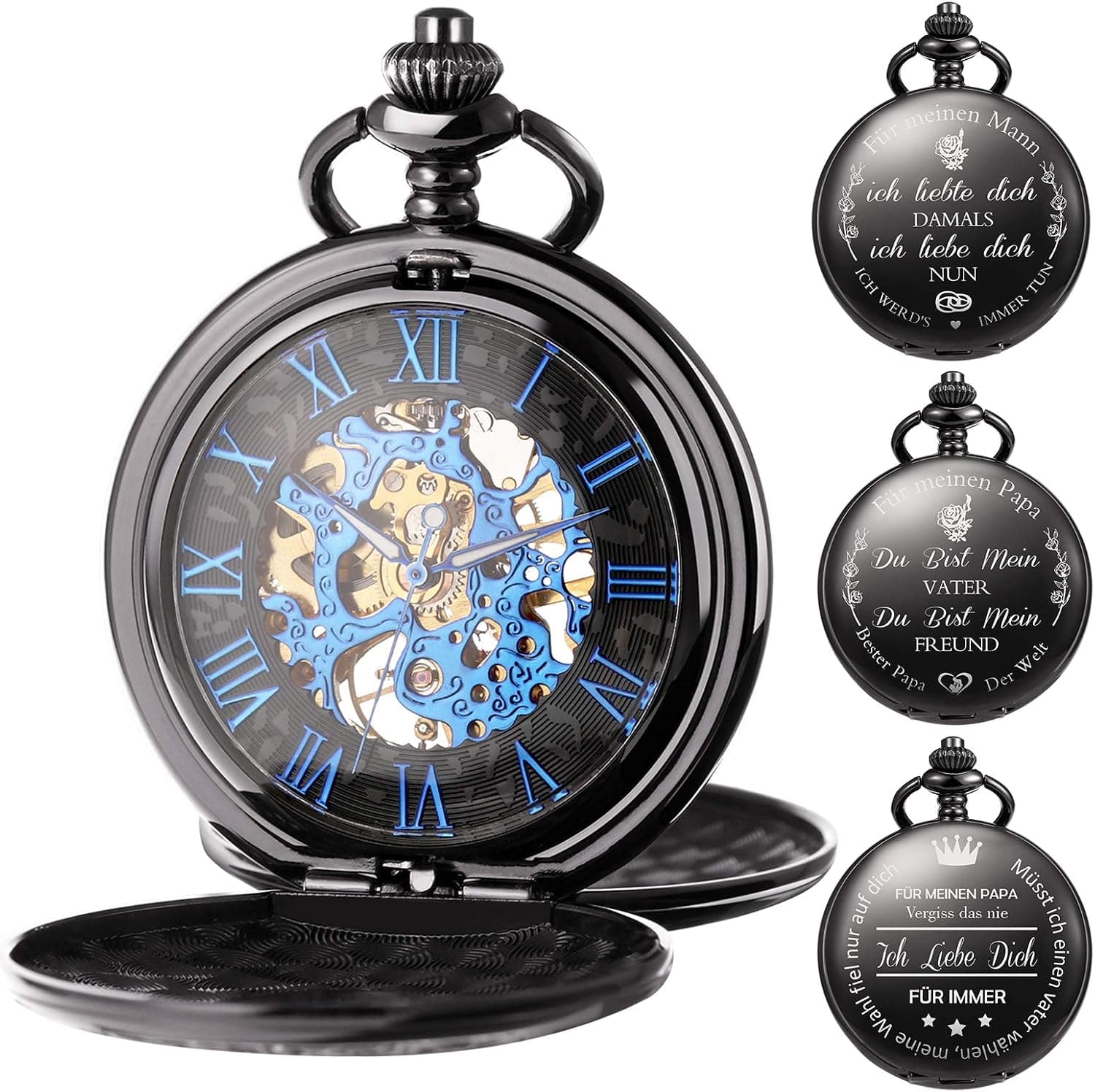 Reloj de bolsillo negro de estilo vintage con mecanismo visto en azul y dorado, abierto mostrando la esfera con números romanos