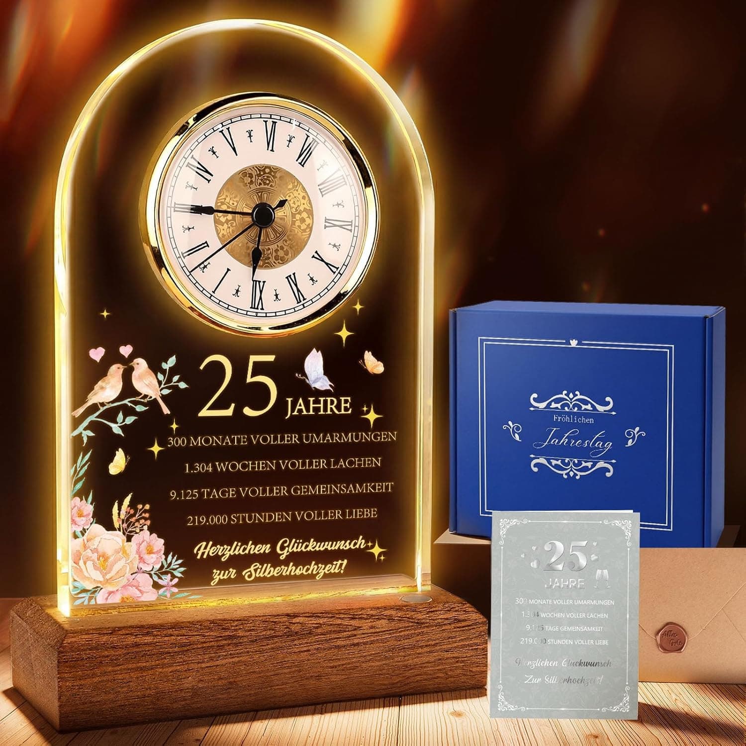 Reloj de cuarzo de escritorio con motivo de 25 aniversario, junto a su tarjeta de felicitación