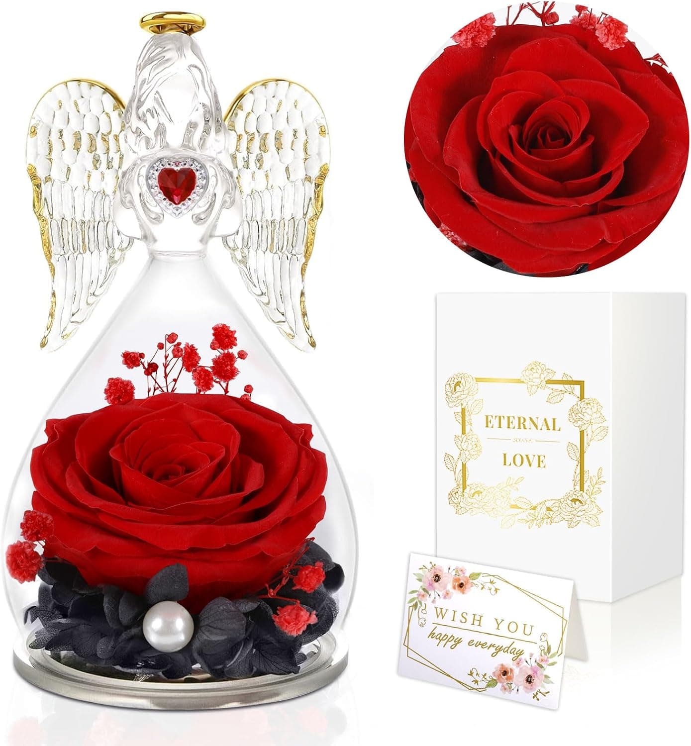 Rosa eterna con ángel en cúpula de cristal, formato regalo