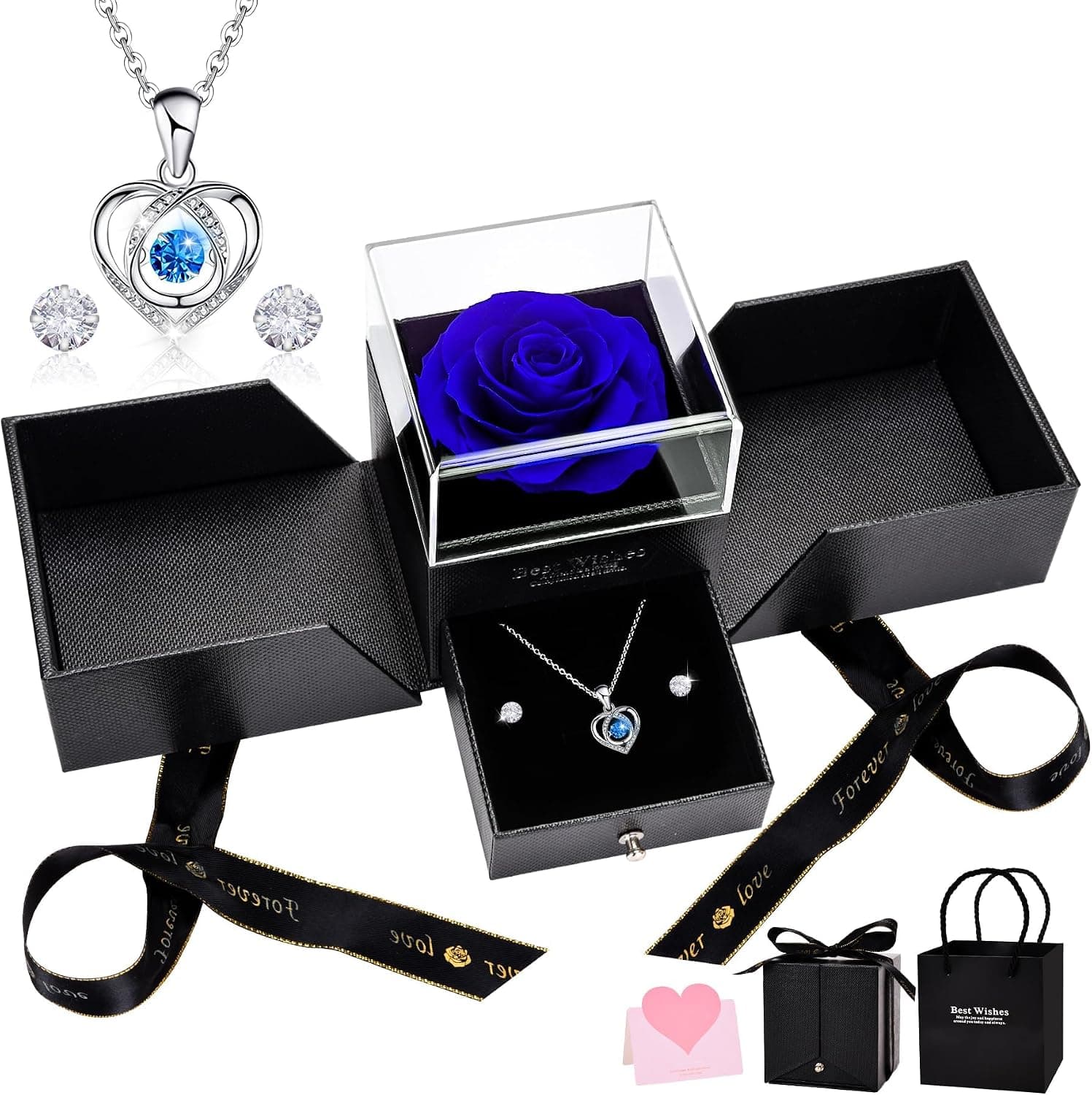Rosa eterna azul con collar y pendientes a juego
